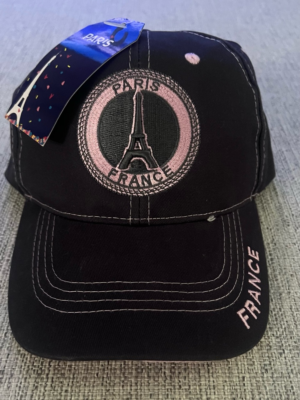 Paris France Eiffel Tower Embroidered Baseball Cap - Black & Light Pink